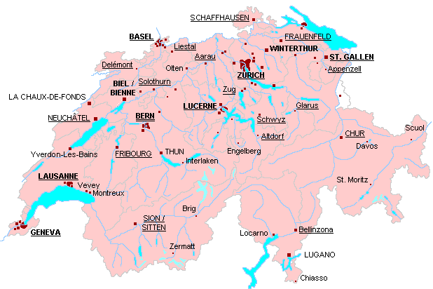 Map of Switzerland with major cities and towns